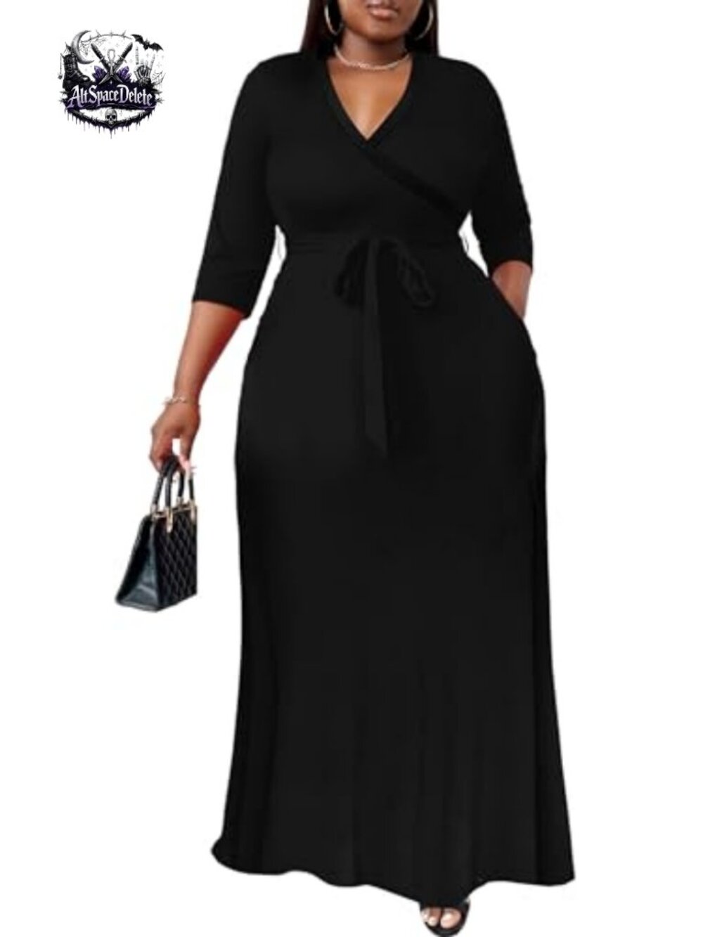 Nmoder Plus Size Maxi Wrap Dress 3/4 Sleeve V-Neck Belted Curvy Casual Long